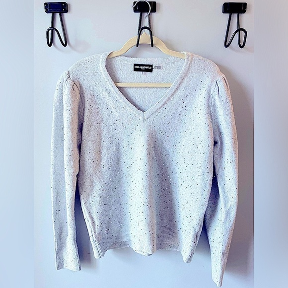 Karl Lagerfeld Paris, gray with silver sequins v-neck sweater, women’s medium - Picture 1 of 4